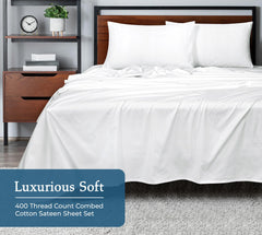 ROYALE LINENS 400 Thread Count 100% American Grown Cotton 4 Piece Sateen Sheet Set - 1 Fitted Sheet, 1 Flat Sheet, 2 Pillow case - White Bedsheet - Cotton Sheets - ( Signature White)