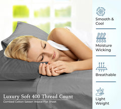 400 Thread Count 100% American Grown Cotton Flat Sheet - Cooling Sheets - Sheets - Luxury Sateen Weave - Flat Sheet Sold Separately - Grey Flat Sheet Only ( Spanish Slate)