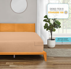 Royale Linens 300 Thread Count 100% Long Staple Combed Cotton Fitted Sheet - Super Soft Deep Pocket Bottom Sheet - Sand Fitted Sheet - Fitted Sheet Only - Elastic Sheet ( Sand)