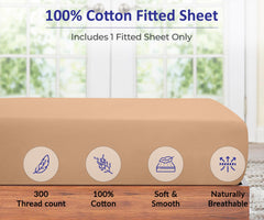 Royale Linens 300 Thread Count 100% Long Staple Combed Cotton Fitted Sheet - Super Soft Deep Pocket Bottom Sheet - Sand Fitted Sheet - Fitted Sheet Only - Elastic Sheet ( Sand)