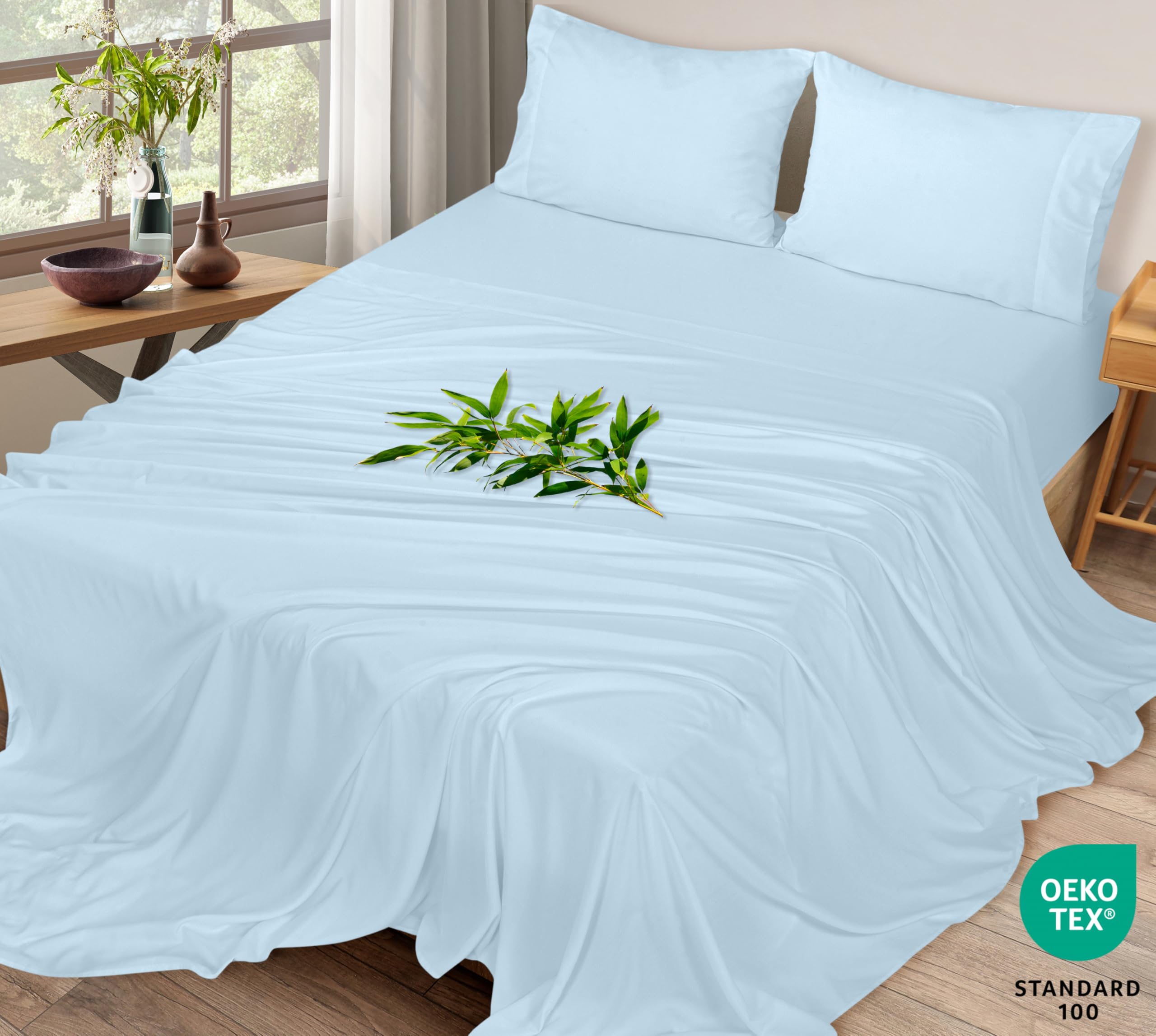 Royale Linen Bamboo Viscose Sheet Set - Cooling Bed Sheet Set - 1 Fitted 1 Flat & 2 Pillowcase - Fits Up to 16" - Organic Viscose Derived from Bamboo - Bedding Sheet &Pillowcase (LakeBlue)