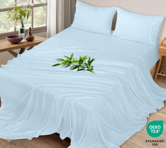 Royale Linen Bamboo Viscose Sheet Set - Cooling Bed Sheet Set - 1 Fitted 1 Flat & 2 Pillowcase - Fits Up to 16" - Organic Viscose Derived from Bamboo - Bedding Sheet &Pillowcase (LakeBlue)