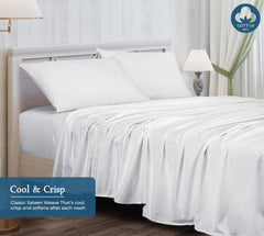 ROYALE LINENS 400 Thread Count 100% American Grown Cotton 4 Piece Sateen Sheet Set - 1 Fitted Sheet, 1 Flat Sheet, 2 Pillow case - White Bedsheet - Cotton Sheets - ( Signature White)