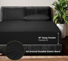 Royale Linen Bamboo Viscose Sheet Set - Cooling Bed Sheet Set - 1 Fitted, 1 Flat & 2 Pillowcase - Fits Up to 16" - Organic Viscose Derived from Bamboo - Bedding Sheet & Pillowcase (Black)