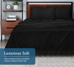 ROYALE LINENS 400 Thread Count 100% American Grown Cotton 4 Piece Sateen Sheet Set - 1 Fitted Sheet, 1 Flat Sheet, 2 Pillow case - Black Bedsheet - Cotton Sheets - ( Night Black)