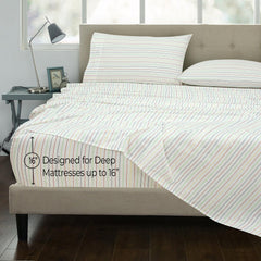 ROYALE LINENS 300 Thread Count 100% Long Staple Combed Cotton Printed Sheet Set - 4 Piece Bed Sheet - 1 Fitted Sheet 1 Flat Sheet 2 Pillowcase - Cool & Crisp Sheet Set ( Stripe Multicolor)