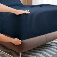 ROYALE LINENS Striped Bed Sheet Set - Microfiber 1800 Bedding - 1 Fitted Sheet, 1 Flat Sheet, 2 Pillow case - Wrinkle & Fade Resistant - 4 Piece Damask Stripe Bed Sheet Set (Stripe Navy)