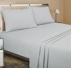 Royale Linen Striped Bed Sheet Set - Microfiber 1800 Bedding - 1 Fitted Sheet, 1 Flat Sheet, 2 Pillow case - Wrinkle & Fade Resistant - 4 Piece Damask Stripe Bed Sheet Set (Stripe Silver)