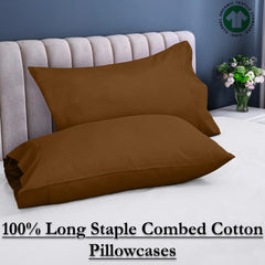 ROYALE LINENS 300 Thread Count 100% Long Staple Combed Cotton Pillowcases Set of 2 - Soft - Bed Pillow Cover- Breathable, Cool & Crisp Percale Brown Pillow Cases (Chocolate)