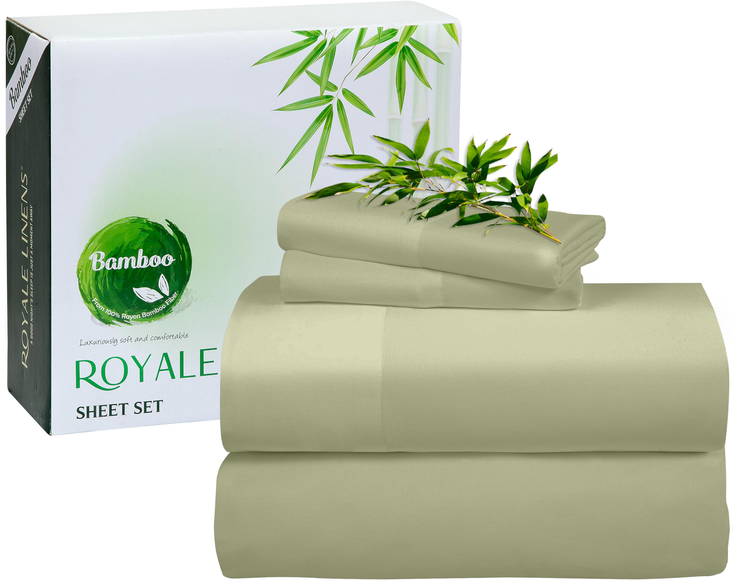 Royale Linen Bamboo Viscose Sheet Set - Cooling Bed Sheet Set - 1 Fitted 1 Flat & 2 Pillowcase - Fits Up to 16 - Organic Viscose Derived from Bamboo - Bedding Sheet &Pillowcase (SageGreen)