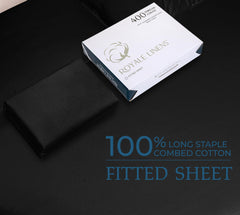 Royale Linens 400 Thread Count 100% American Grown Cotton Fitted Sheet - All Around Elastic Fitted Sheet - Luxury Sateen Weave - Snug Fit Bottom Sheet Fit Up To 16 Inch (Night Black)