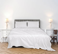 ROYALE LINENS 300 Thread Count 100% Long Staple Combed Cotton Printed Sheet Set - 4 Piece Bed Sheet - 1 Fitted Sheet, 1 Flat Sheet, 2 Pillow case - Cool & Crisp Sheet Set ( Stripe White)