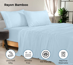 Royale Linen Bamboo Viscose Sheet Set - Cooling Bed Sheet Set - 1 Fitted 1 Flat & 2 Pillowcase - Fits Up to 16" - Organic Viscose Derived from Bamboo - Bedding Sheet &Pillowcase (LakeBlue)