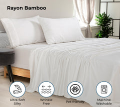Royale Linen Bamboo Viscose Sheet Set - Cooling Bed Sheet Set - 1 Fitted, 1 Flat & 2 Pillowcase - Fits Up to 16" - Organic Viscose Derived from Bamboo - Bedding Sheet & Pillowcase (White)