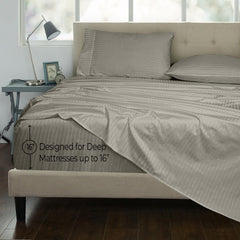 ROYALE LINENS 300 Thread Count 100% Long Staple Combed Cotton Printed Sheet Set - 4 Piece Bed Sheet - 1 Fitted Sheet, 1 Flat Sheet, 2 Pillow case - Cool & Crisp Sheet Set ( Stripe Silver)