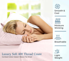 400 Thread Count 100% American Grown Cotton Flat Sheet - Cooling Sheets - Sheets - Luxury Sateen Weave - Flat Sheet Sold Separately - Soft Pink Flat Sheet Only ( Kyoto Blush)