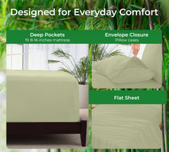 Royale Linen Bamboo Viscose Sheet Set - Cooling Bed Sheet Set - 1 Fitted 1 Flat & 2 Pillowcase - Fits Up to 16 - Organic Viscose Derived from Bamboo - Bedding Sheet &Pillowcase (SageGreen)