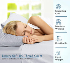 400 Thread Count 100% American Grown Cotton Flat Sheet - Cooling Sheets - Sheets - Luxury Sateen Weave - Flat Sheet Sold Separately - Silver Flat Sheet Only ( Spanish Silver)