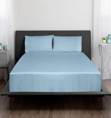 Royale Linens 300 Thread Count 100% Long Staple Combed Cotton Striped Sheet Set - 4 Piece Bed Sheet - 1 Fitted Sheet, 1 Flat Sheet, 2 Pillowcase -Cool & Crisp Sheet Set (Stripe Lake Blue)