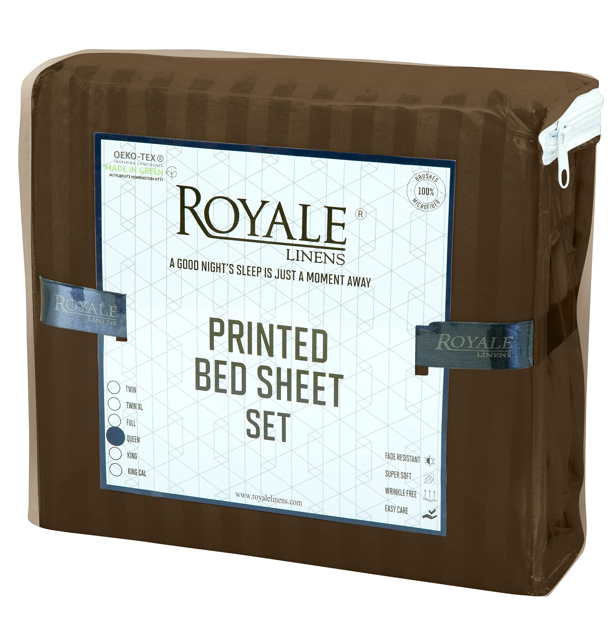 ROYALE LINENS Striped Bed Sheet Set - Microfiber 1800 Bedding - 1 Fitted Sheet, 1 Flat Sheet, 2 Pillowcase - Wrinkle & Fade Resistant - 4 Piece Damask Stripe Bed Sheet Set (Stripe Chocolate)