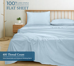 400 Thread Count 100% American Grown Cotton Flat Sheet - Cooling Sheets - Sheets - Luxury Sateen Weave - Flat Sheet Sold Separately - Soft Blue Flat Sheet Only (Caribbean Blue)