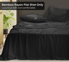 Royale Linens Bamboo Viscose Flat Sheets Only - Cooling Sheets - Organic Viscose Derived from Bamboo -  Flat Sheet Only - Top Sheet - Breathable & Silky Bedding (Black)
