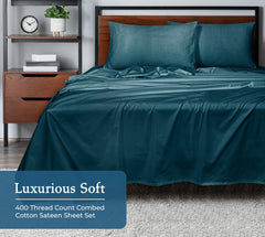 ROYALE LINENS 400 Thread Count 100% American Grown Cotton 4 Piece Sateen Sheet Set - 1 Fitted Sheet, 1 Flat Sheet, 2 Pillow case - Sea Green Bedsheet - Cotton Sheets - (Sea Green)
