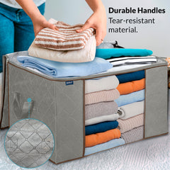 Royale Large Capacity Clothes Storage Bag Organizer with Strong Handle - 90L Fabric Bag- Zipper Closure - Storage Container for Organizing Bedroom, Closet, Clothing, Comforter with Clear Window