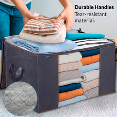 Royale Large Capacity Clothes Storage Bag Organizer with Strong Handle- 90L Fabric Bag - Zipper Closure - Storage Container for Organizing Bedroom, Closet, Clothing, Comforter with Clear Window