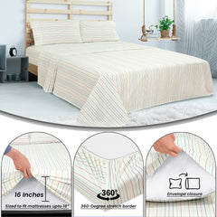 ROYALE LINENS 300 Thread Count 100% Long Staple Combed Cotton Printed Sheet Set - 4 Piece Bed Sheet - 1 Fitted Sheet 1 Flat Sheet 2 Pillowcase - Cool & Crisp Sheet Set ( Stripe Multicolor)