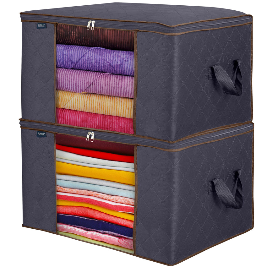 Royale Large Capacity Clothes Storage Bag Organizer with Strong Handle- 90L Fabric Bag - Zipper Closure - Storage Container for Organizing Bedroom, Closet, Clothing, Comforter with Clear Window