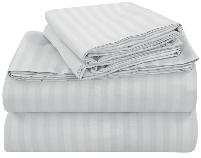 Royale Linen Striped Bed Sheet Set - Microfiber 1800 Bedding - 1 Fitted Sheet, 1 Flat Sheet, 2 Pillow case - Wrinkle & Fade Resistant - 4 Piece Damask Stripe Bed Sheet Set (Stripe Silver)