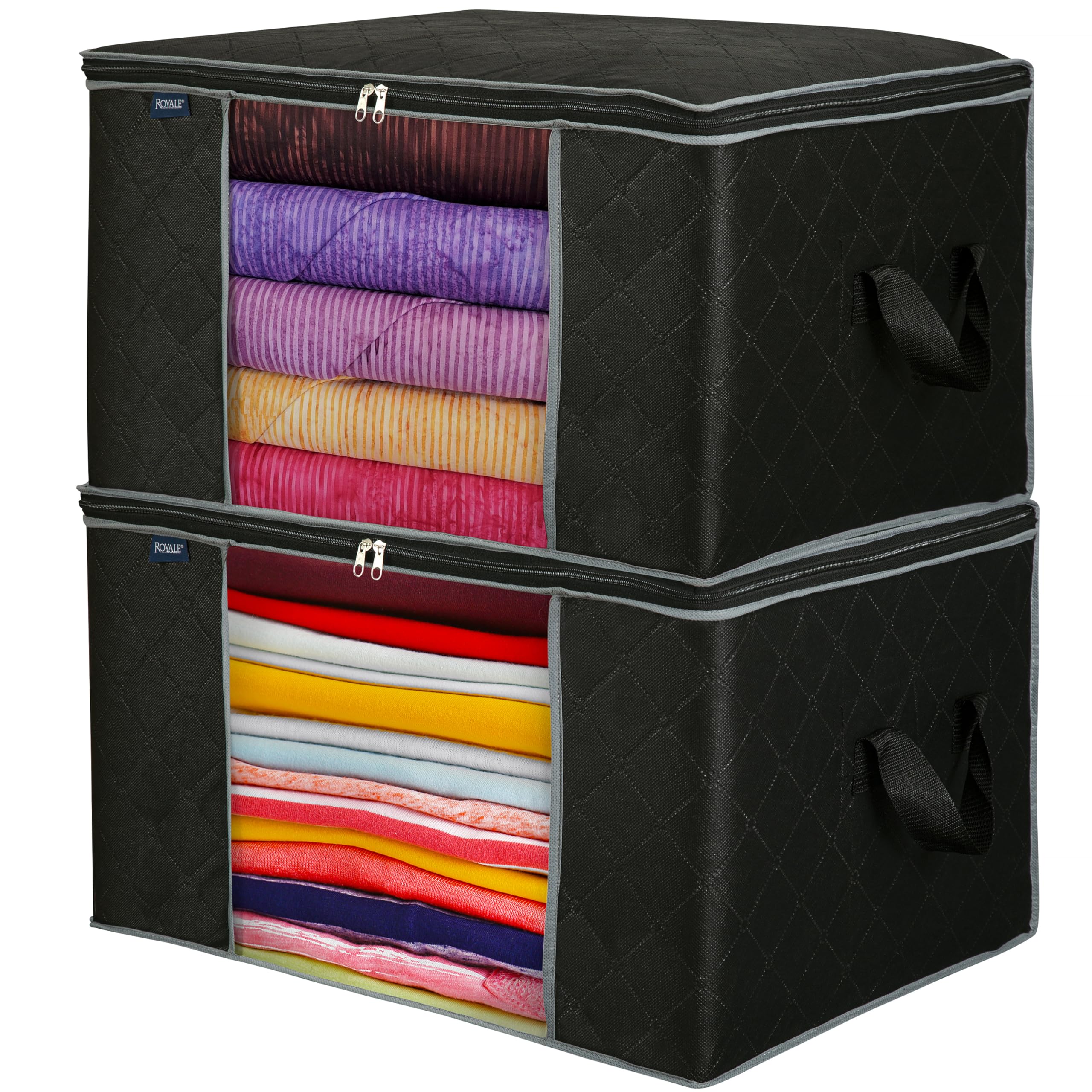 Royale Large Capacity Clothes Storage Bag Organizer with Strong Handle- 90L Fabric Bag - Zipper Closure - Storage Container for Organizing Bedroom, Closet, Clothing, Comforter with Clear Window