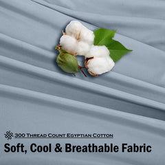 ROYALE LINENS 300 Thread Count 100% Long Staple Combed Cotton Sheet Set - 4 Piece Bed Sheet 1 Fitted Sheet, 1 Flat Sheet, 2 Pillowcases - Breathable, Cool & Crisp Percale Sheet Set (Cool Blue)