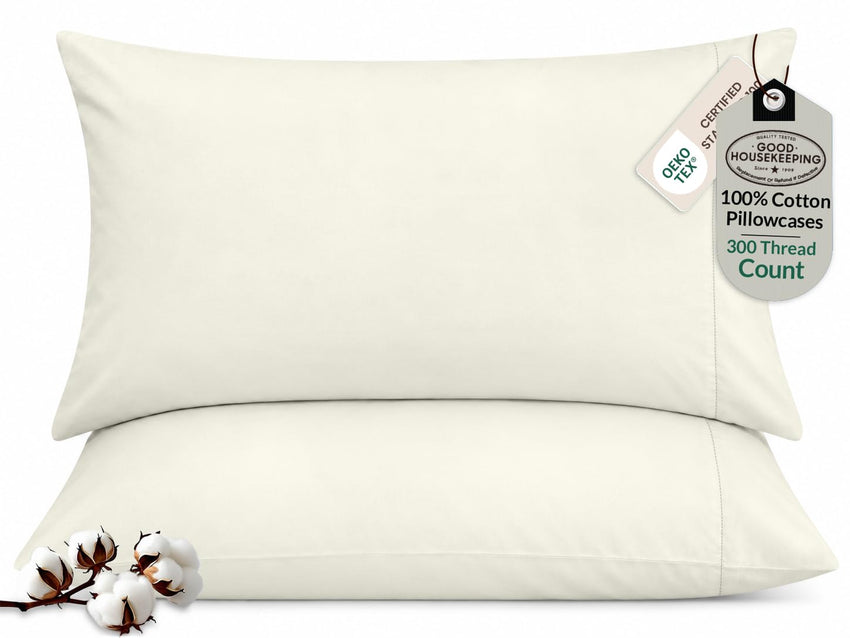 ROYALE LINENS 300 thread Count 100% Long Staple Combed Cotton Pillowcases Set Of 2 - Ultra Soft - Queen Bed Pillow Cover - 20"x30" - Breathable, Cool & Crisp Percale White Pillow Cases