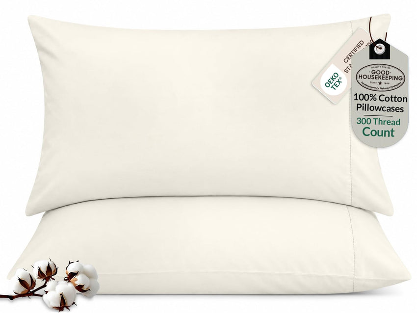 ROYALE LINENS 300 thread Count 100% Long Staple Combed Cotton Pillowcases Set Of 2 - Ultra Soft - Queen Bed Pillow Cover - 20"x30" - Breathable, Cool & Crisp Percale White Pillow Cases