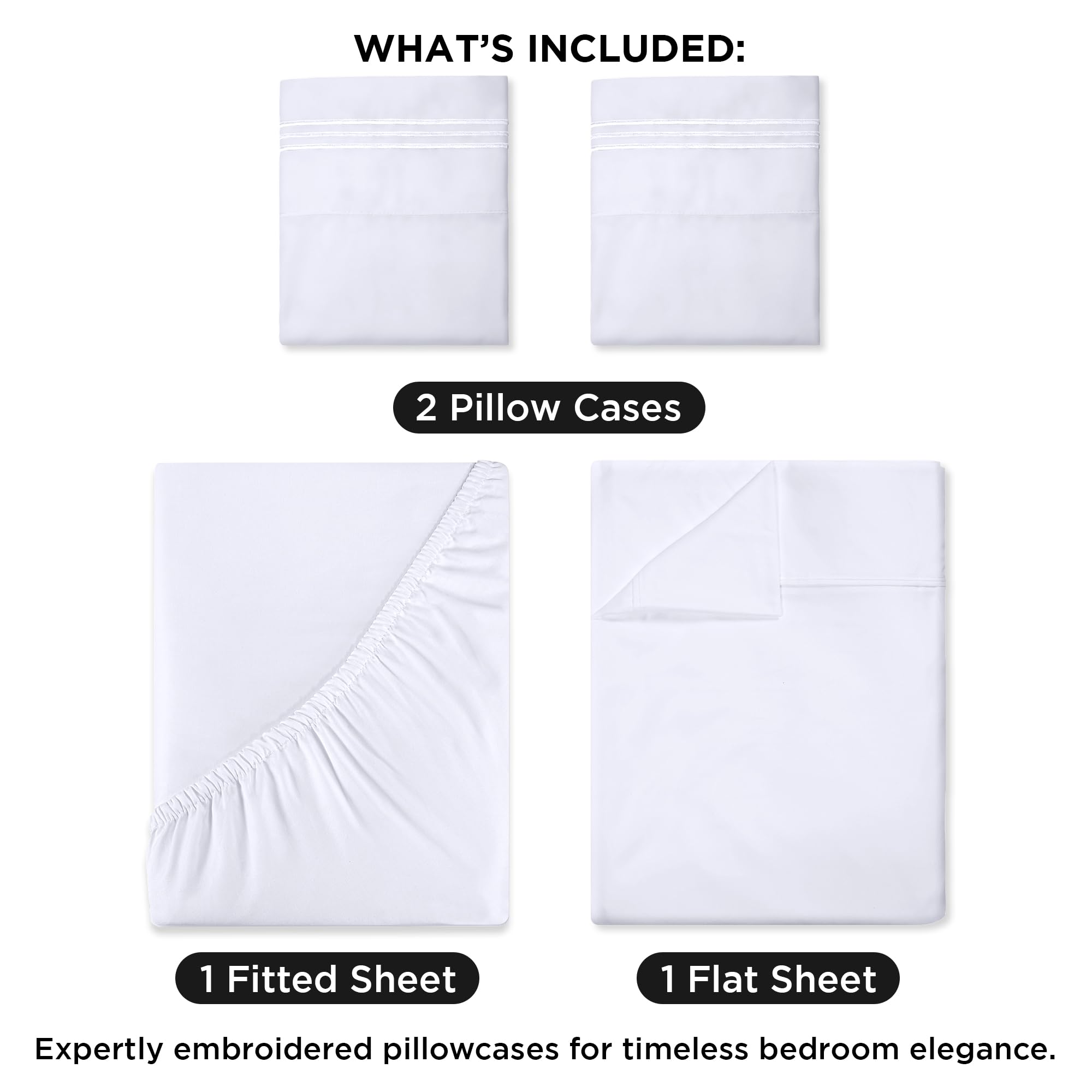 ROYALE LINENS - 4 Piece Bed Sheet - Soft Brushed Microfiber 1800 Bedding Set - 1 Fitted Sheet, 1 Flat Sheet, 2 Pillow case - Wrinkle & Fade Resistant Luxury Sheet Set (White)