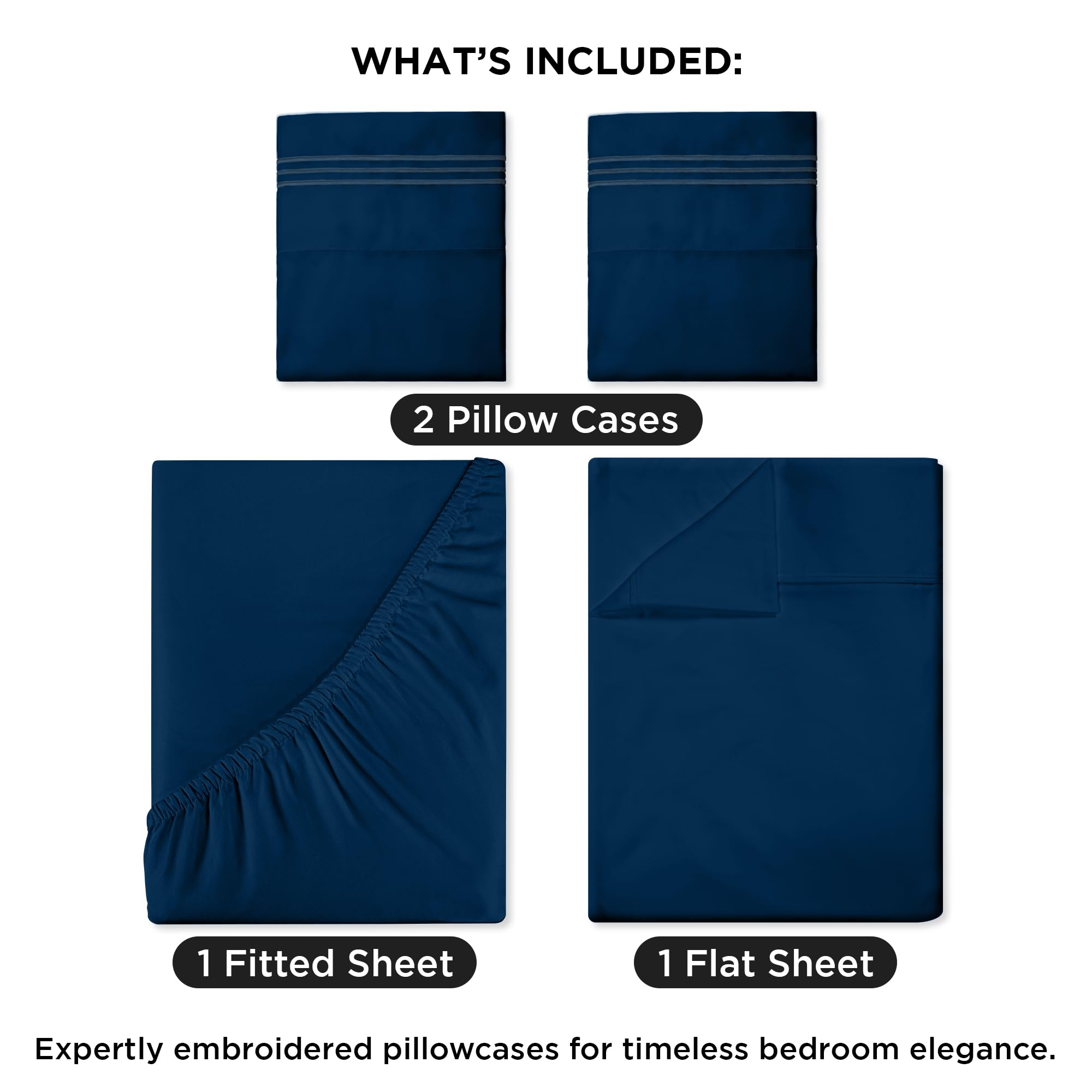 ROYALE LINENS - 4 Piece Bed Sheet - Soft Brushed Microfiber 1800 Bedding Set - 1 Fitted Sheet, 1 Flat Sheet, 2 Pillow case - Wrinkle & Fade Resistant Luxury Sheet Set (Navy)