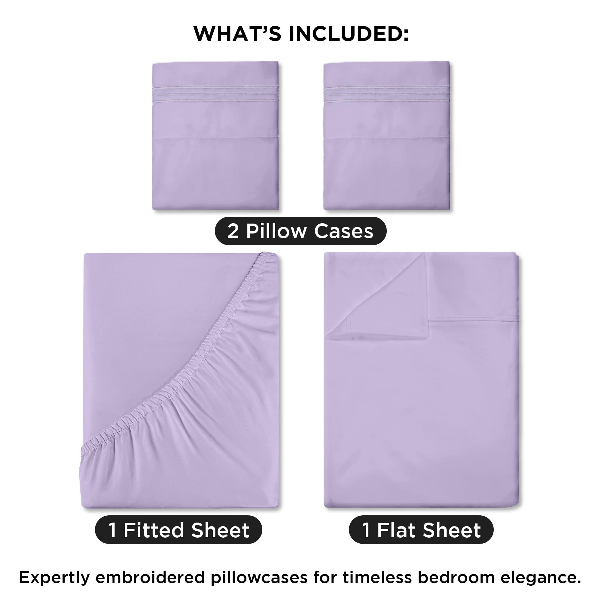 Royale Linens - 4 Piece Bed Sheet - Soft Brushed Microfiber 1800 Bedding Set - 1 Fitted Sheet, 1 Flat Sheet, 2 Pillowcase - Wrinkle & Fade Resistant Luxury Sheet Set (Lavender)