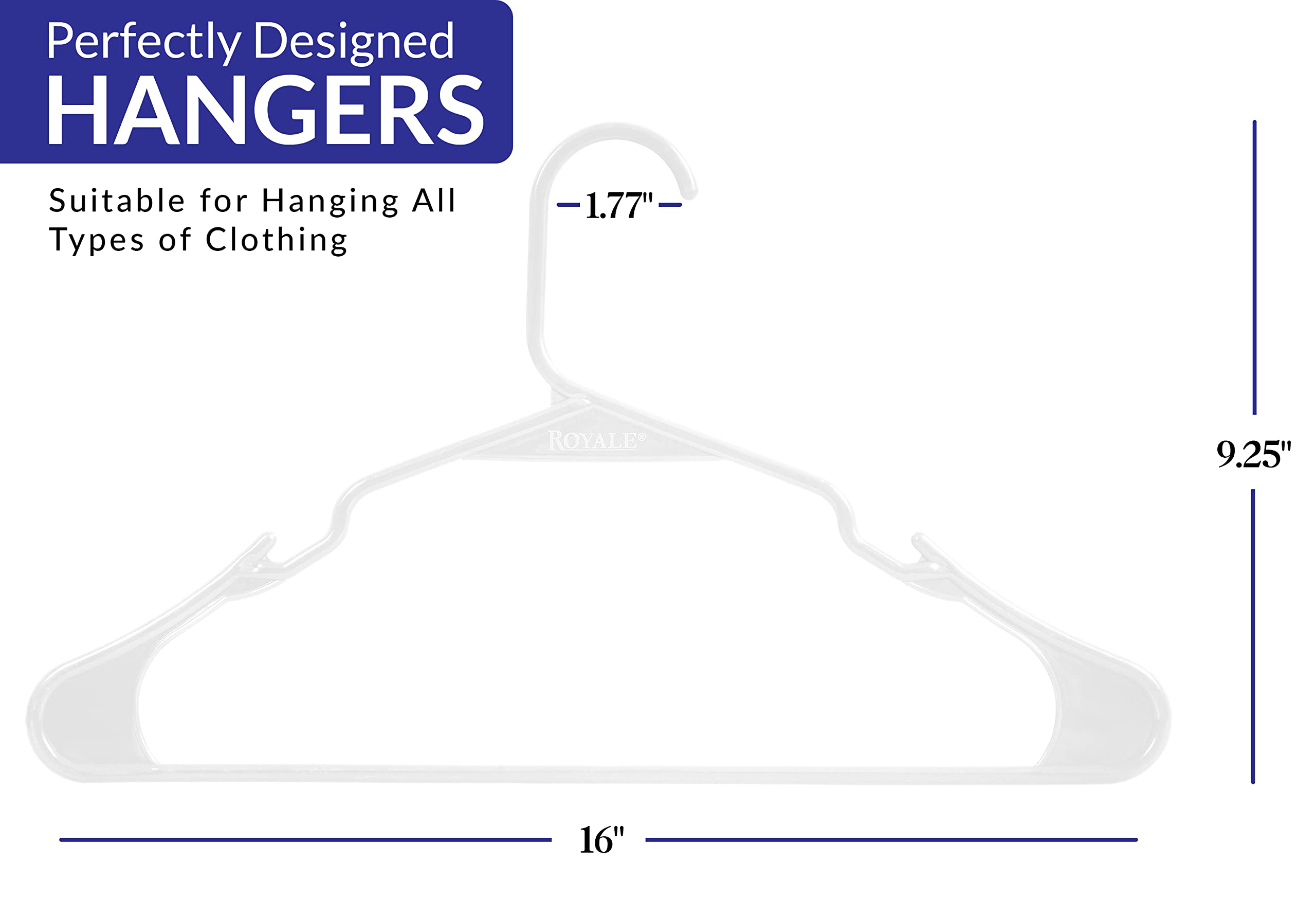 ROYALE White Plastic Hangers For Clothes - Heavy Duty Plastic Clothes Hanger Ideal For Everyday Standard Use - Lightweight & Space Saving Notched Plastic Hangers - Slim & Sleek Shoulder Groove