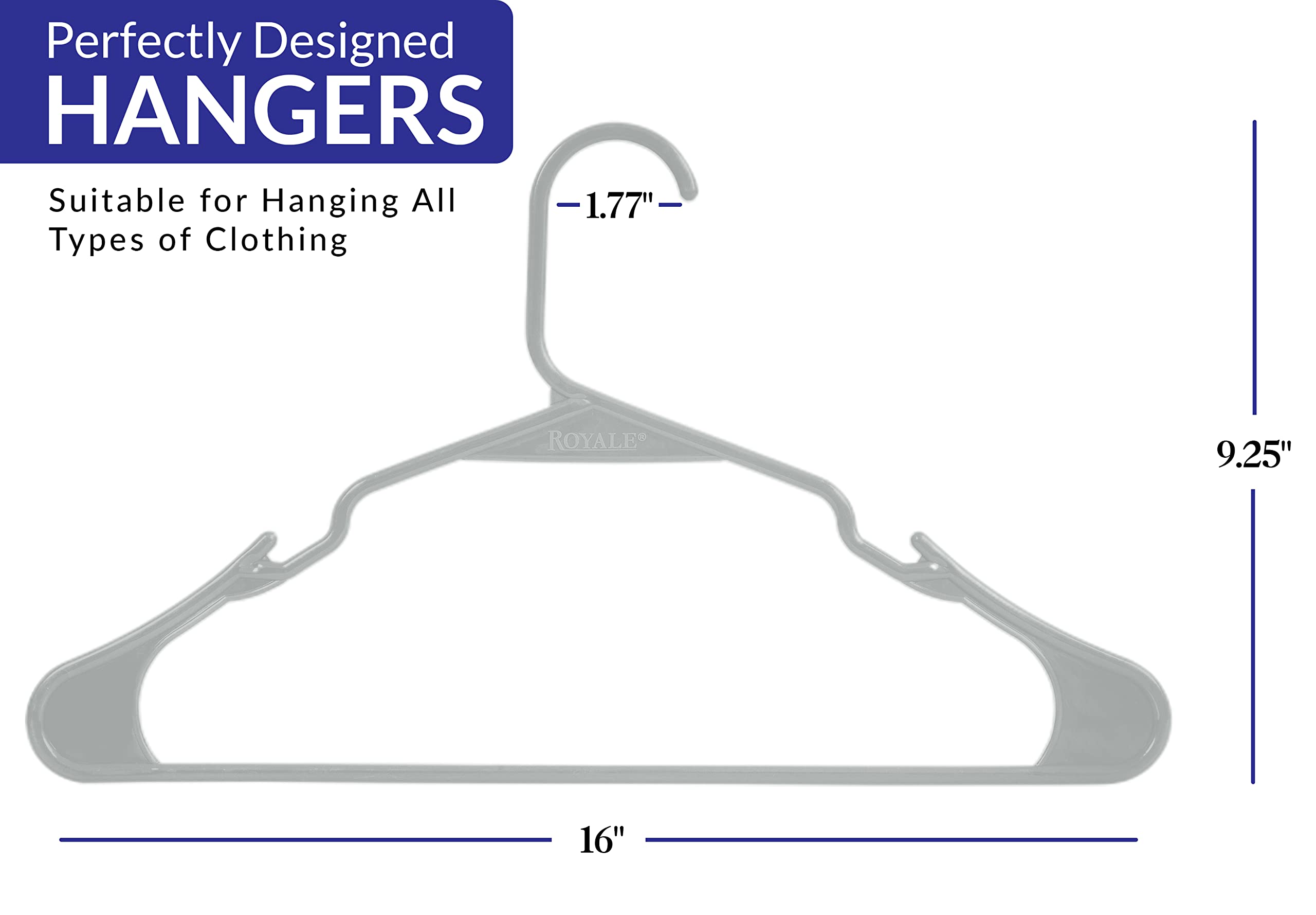 ROYALE Grey Plastic Hangers for Clothes - Heavy Duty Plastic Clothes Hanger Ideal for Everyday Standard Use - Lightweight & Space Saving Notched Plastic Hangers - Slim & Sleek Shoulder Groove