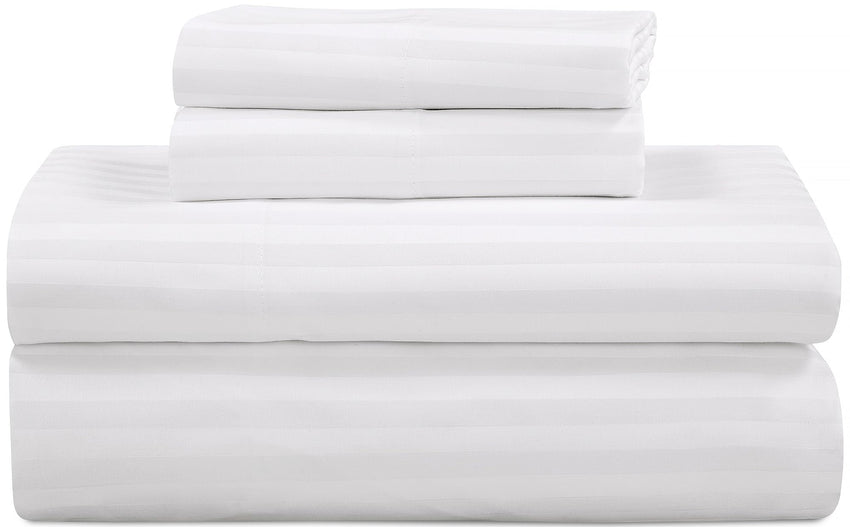 ROYALE LINENS 300 Thread Count 100% Long Staple Combed Cotton Printed Sheet Set - 4 Piece Queen Bed Sheet - 1 Fitted Sheet, 1 Flat Sheet, 2 Pillow case - Cool & Crisp Sheet Set (Queen, Stripe White)