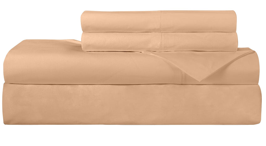 ROYALE LINENS 300 Thread Count 100% Long Staple Combed Cotton Sheet Set - 4 Piece Queen Bed Sheet 1 Fitted Sheet, 1 Flat Sheet, 2 Pillow Case - Breathable, Cool & Crisp Percale Sheet Set (Queen, Sand)