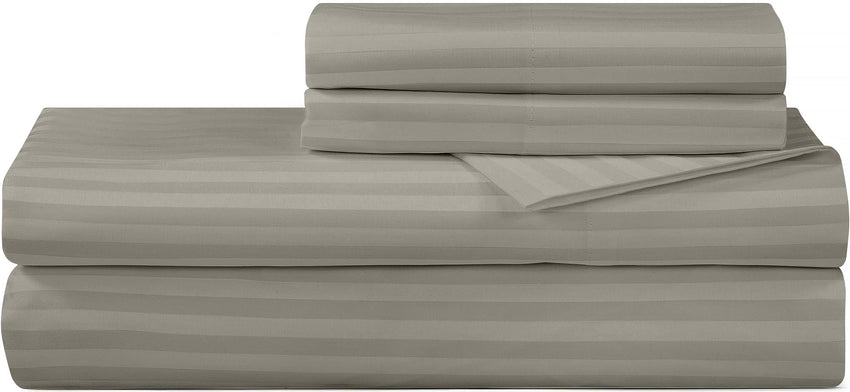 ROYALE LINENS 300 Thread Count 100% Long Staple Combed Cotton Printed Sheet Set - 4 Piece Queen Bed Sheet - 1 Fitted Sheet, 1 Flat Sheet, 2 Pillow case - Cool & Crisp Sheet Set (Queen, Stripe Silver)