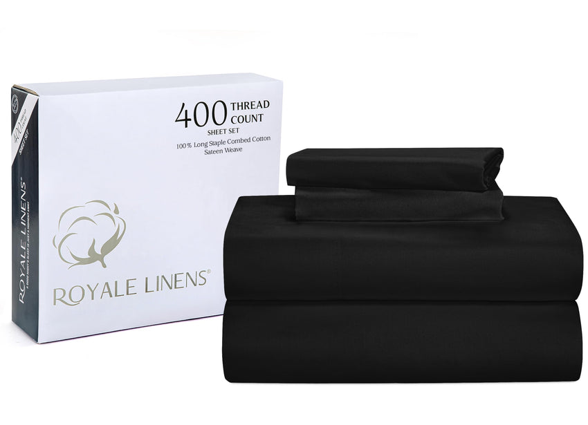 ROYALE LINENS 400 Thread Count 100% American Grown Cotton 4 Piece Sateen Queen Sheet Set - 1 Fitted Sheet, 1 Flat Sheet, 2 Pillow case - Black Queen Bedsheet - Cotton Sheets - (Queen, Night Black)