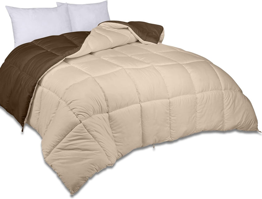 ROYALE Queen Comforter - All Season Down Alternative Bedding Comforter - Lightweight Quilted Comforter with Corner Tabs - Luxury Hotel Comforter - Box Stitched Duvet Insert (Queen, Chocolate & Sand)