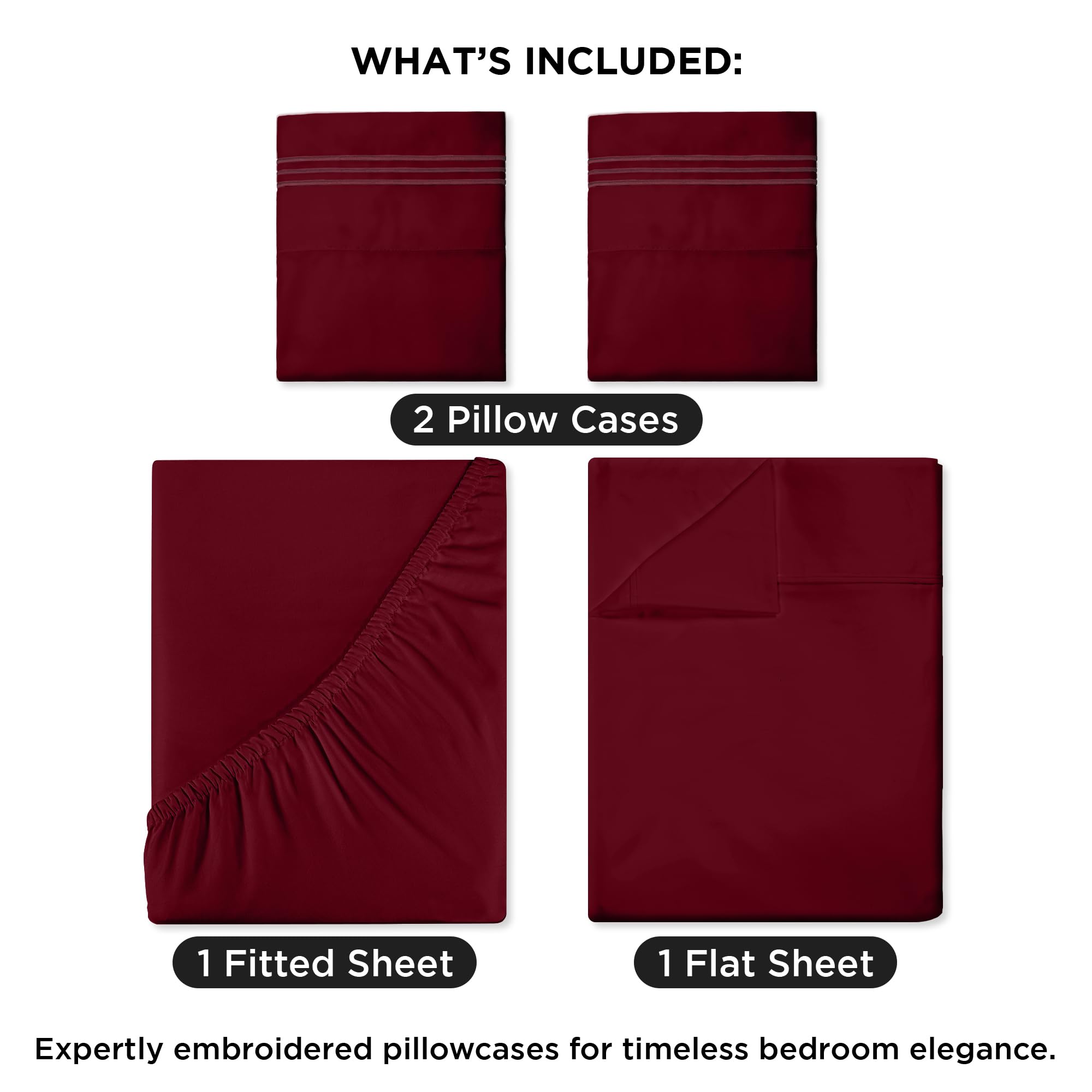 Royale Linens - 4 Piece Bed Sheet - Soft Brushed Microfiber 1800 Bedding Set - 1 Fitted Sheet, 1 Flat Sheet, 2 Pillowcase - Wrinkle & Fade Resistant Luxury Sheet Set (Burgundy)