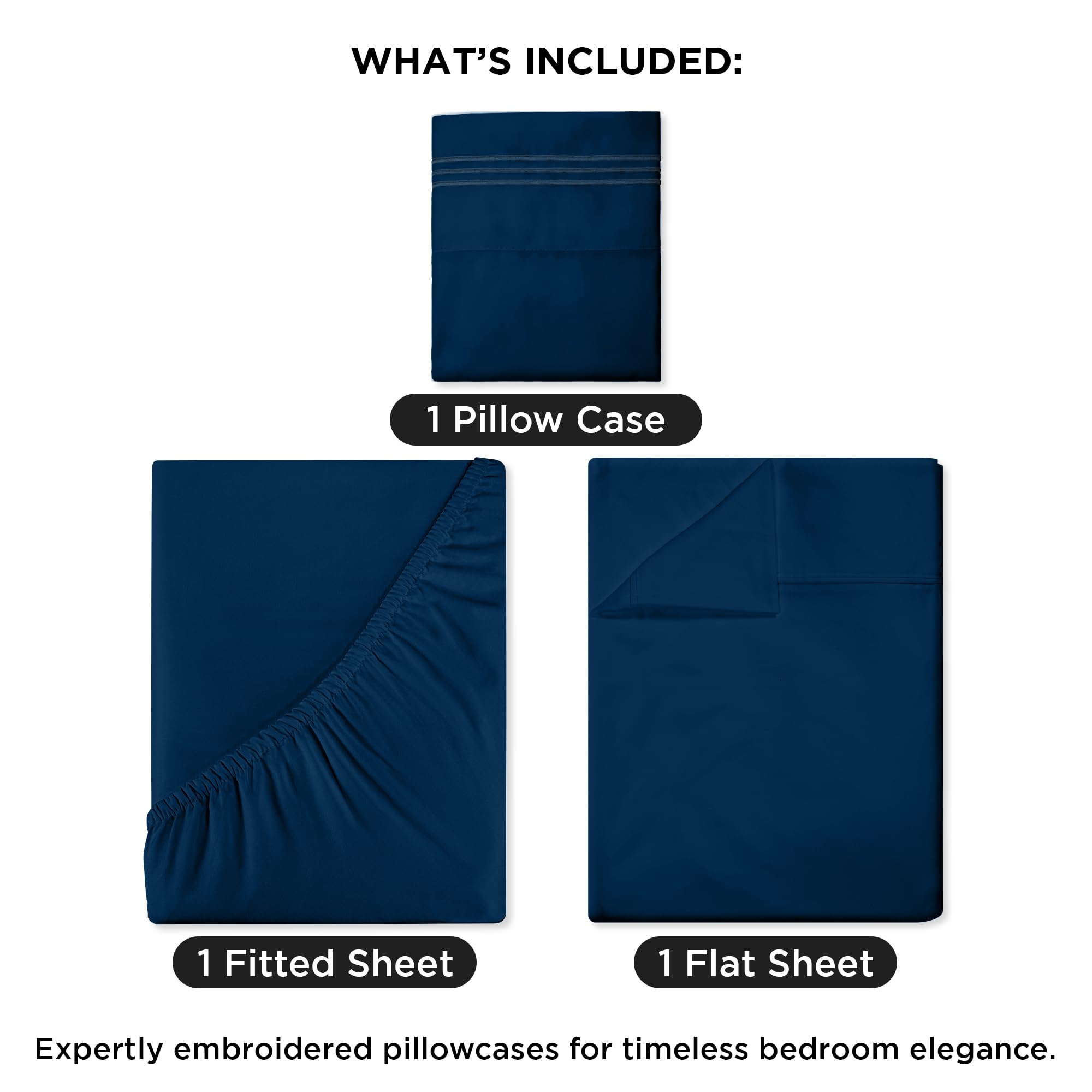 ROYALE LINENS - 4 Piece Queen Bed Sheet - Soft Brushed Microfiber 1800 Bedding Set - 1 Fitted Sheet, 1 Flat Sheet, 2 Pillow case - Wrinkle & Fade Resistant Luxury Queen Size Sheet Set (Navy, Queen)