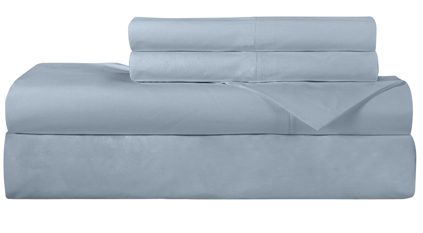 ROYALE LINENS 300 Thread Count 100% Long Staple Combed Cotton Sheet Set - 4 Piece King Bed Sheet 1 Fitted Sheet, 1 Flat Sheet, 2 Pillow Cases - Breathable & Crisp Percale Sheet Set (King, Light Blue)