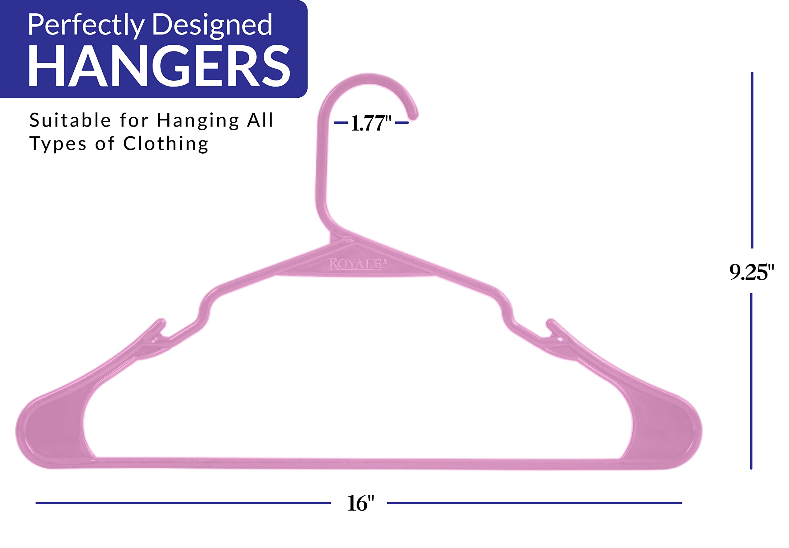 ROYALE Pink Plastic Hangers for Clothes - Heavy Duty Plastic Clothes Hanger Ideal for Everyday Standard Use - Lightweight & Space Saving Notched Plastic Hangers - Slim & Sleek Shoulder Groove